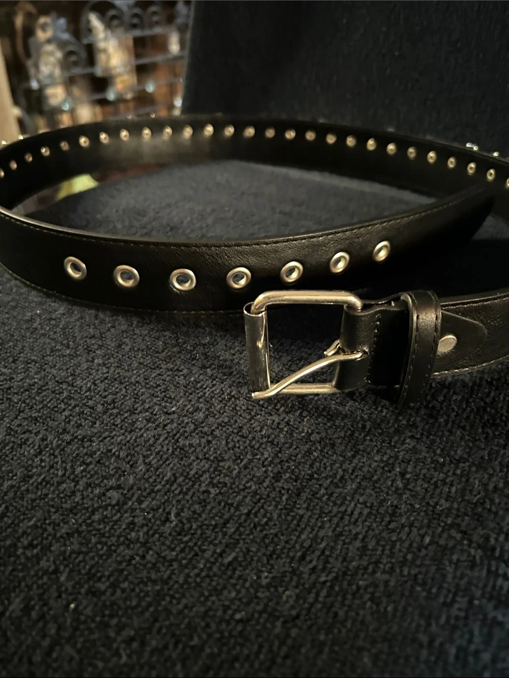 Black Faux Leather Punk Rock Belt with a Row of 34 Silver Tone Bullets & Studs